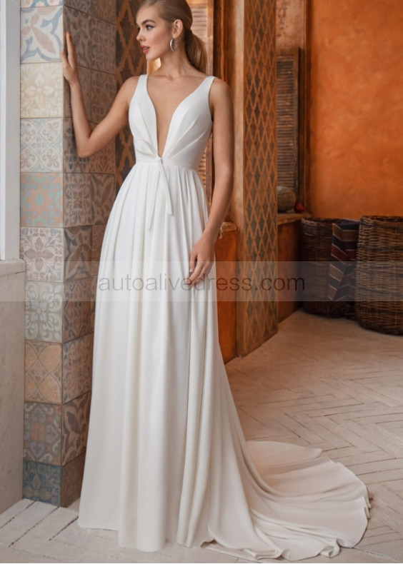 Ivory Satin V Open Back Chic Wedding Dress Ivory Satin V Open Back Chic Wedding Dress